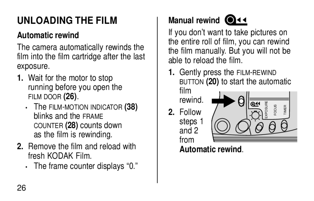 Kodak KE60 manual Unloading the Film, Automatic rewind, Manual rewind 