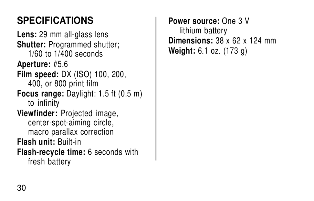 Kodak KE60 manual Specifications, Lens 29 mm all-glass lens, Aperture f/5.6, Dimensions 38 x 62 x 124 mm Weight 6.1 oz g 