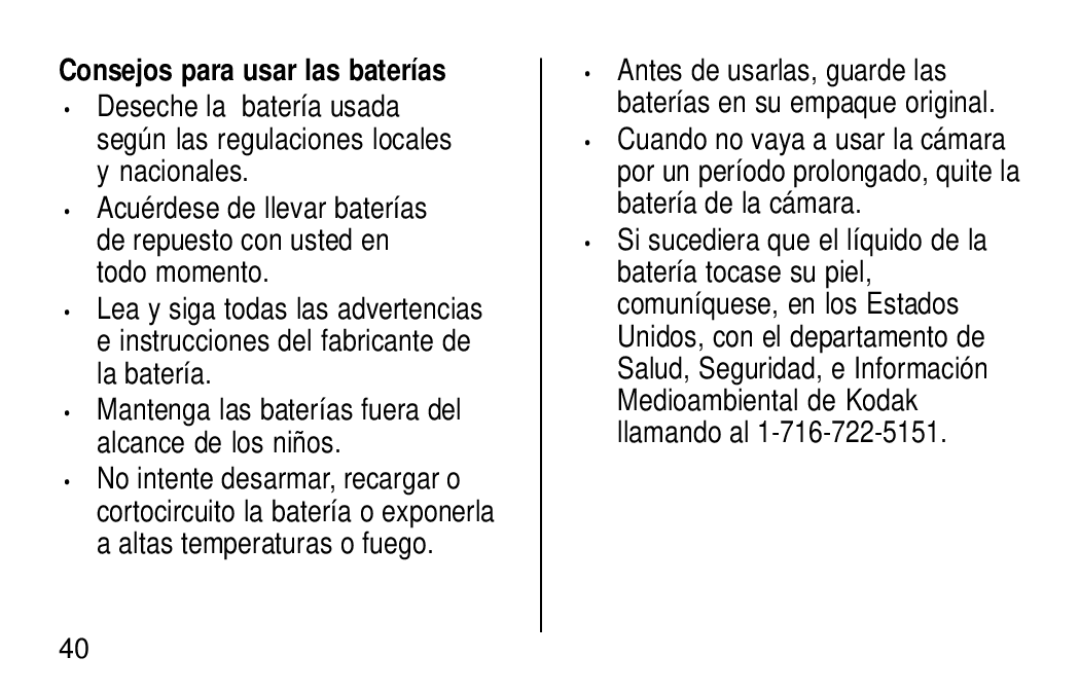 Kodak KE60 manual Consejos para usar las baterías 