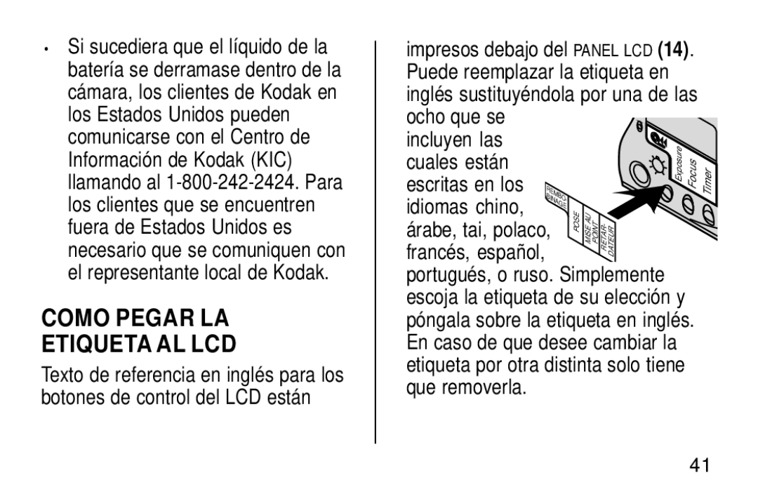 Kodak KE60 manual Como Pegar LA Etiqueta AL LCD, Ocho que se Incluyen las, Cuales están Escritas en los, Idiomas chino 