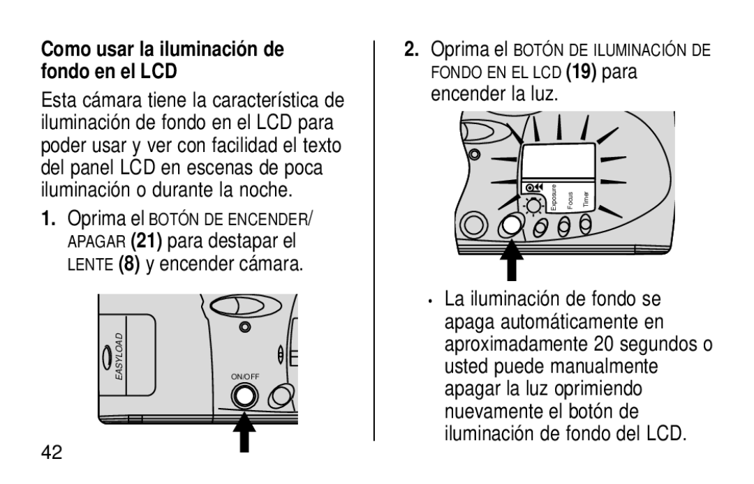 Kodak KE60 manual Encender la luz, Como usar la iluminación de fondo en el LCD 