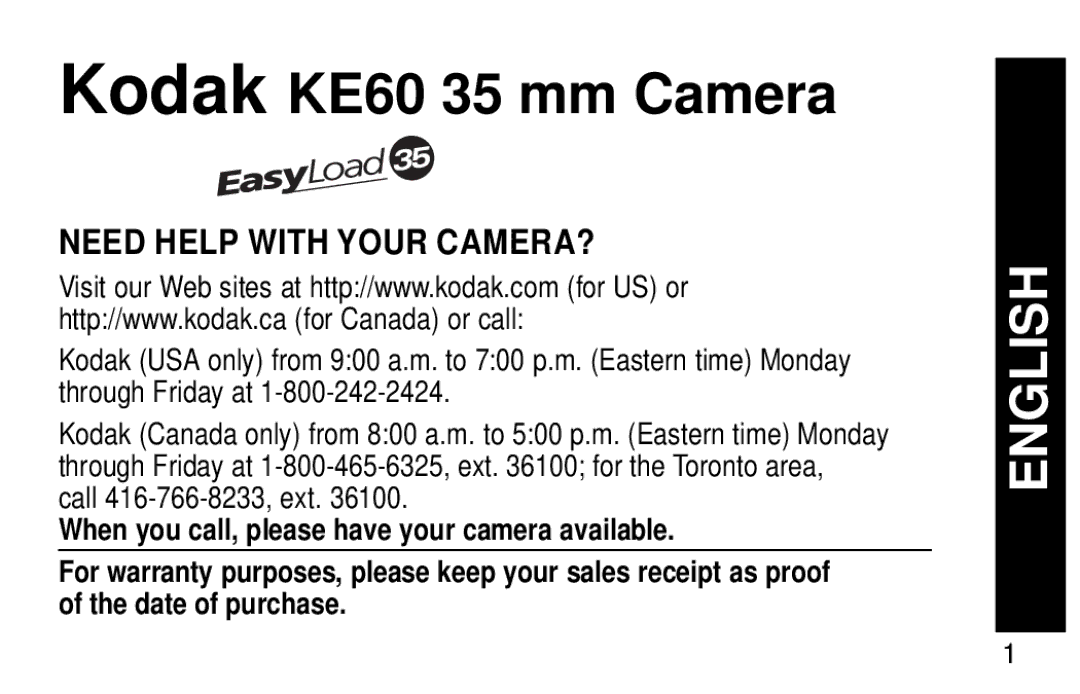 Kodak manual Kodak KE60 35 mm Camera, Need Help with Your CAMERA? 