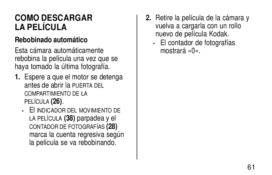 Kodak KE60 manual Como Descargar LA Película, Rebobinado automático 