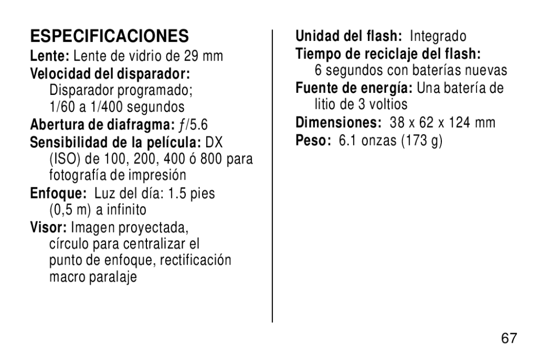 Kodak KE60 manual Especificaciones, Lente Lente de vidrio de 29 mm, Abertura de diafragma ƒ/5.6 