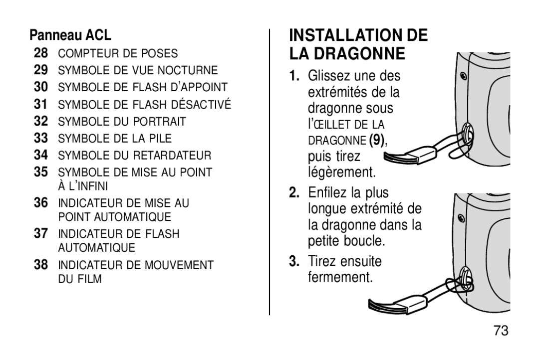 Kodak KE60 manual Installation DE LA Dragonne, Panneau ACL, Puis tirez légèrement 