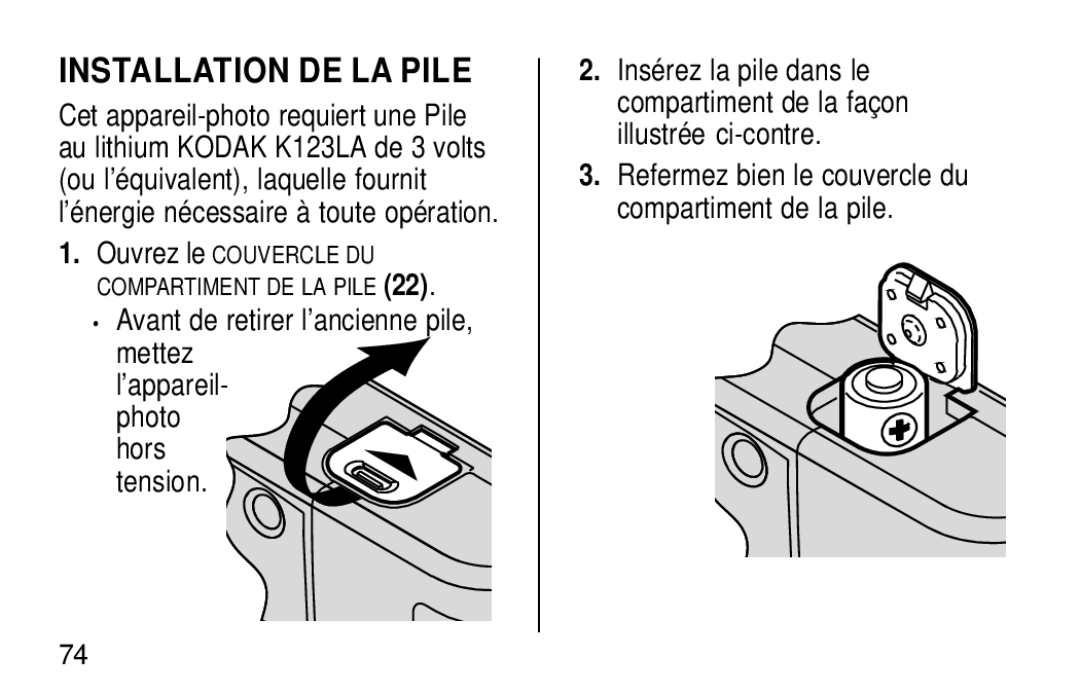 Kodak KE60 manual Installation DE LA Pile 