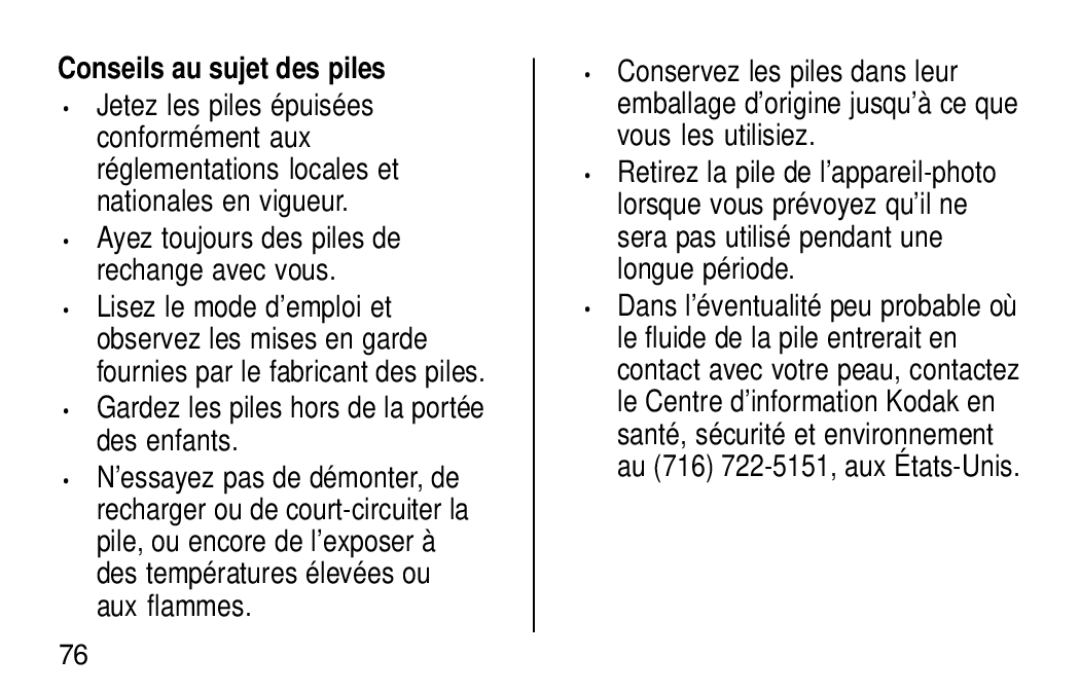 Kodak KE60 manual Conseils au sujet des piles, Gardez les piles hors de la portée des enfants 