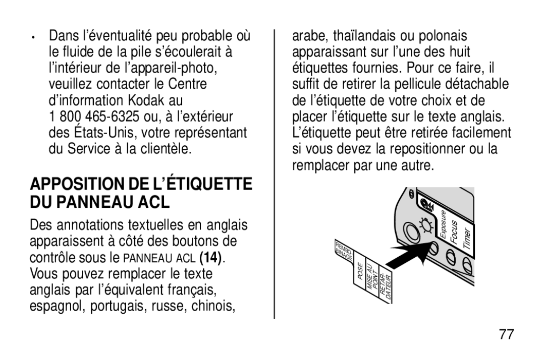 Kodak KE60 manual Apposition DE L’ÉTIQUETTE DU Panneau ACL 