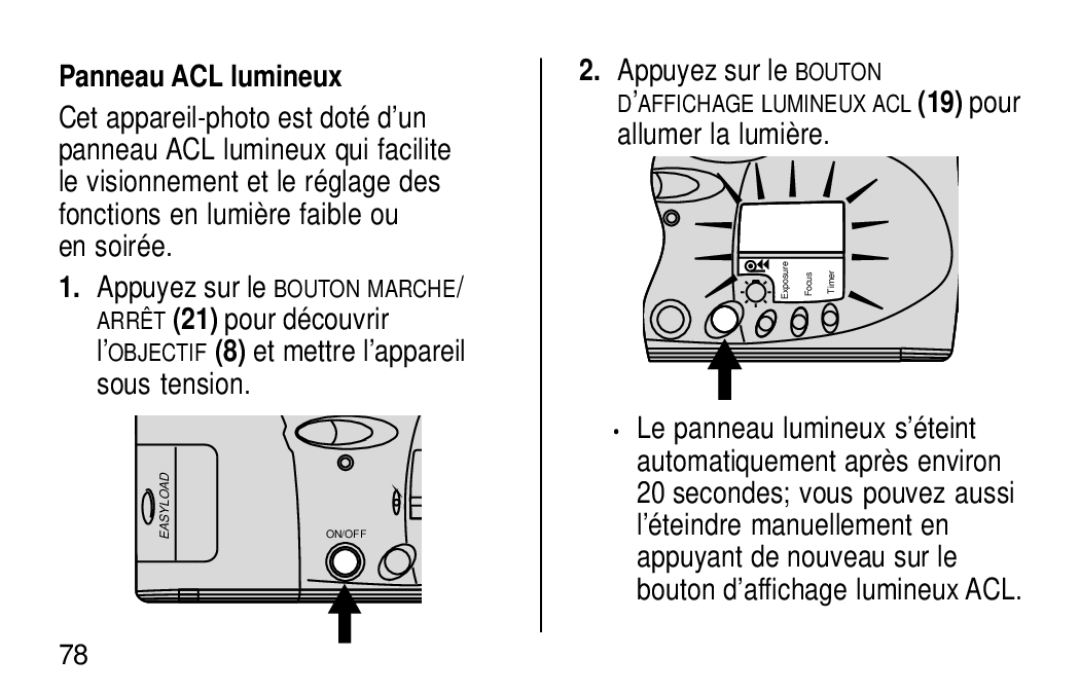 Kodak KE60 manual Panneau ACL lumineux, Appuyez sur le Bouton, Allumer la lumière 