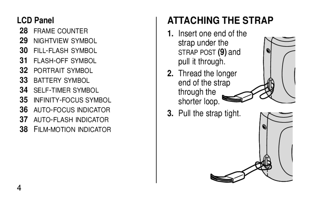 Kodak KE60 manual Attaching the Strap, LCD Panel, Insert one end, Thread the longer, Pull the strap tight 