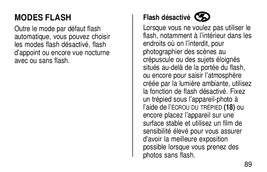 Kodak KE60 manual Modes Flash, Flash désactivé 