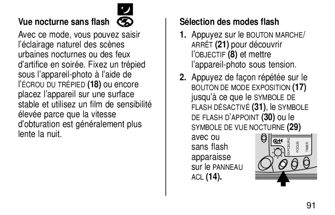 Kodak KE60 manual Vue nocturne sans flash, Sélection des modes flash 