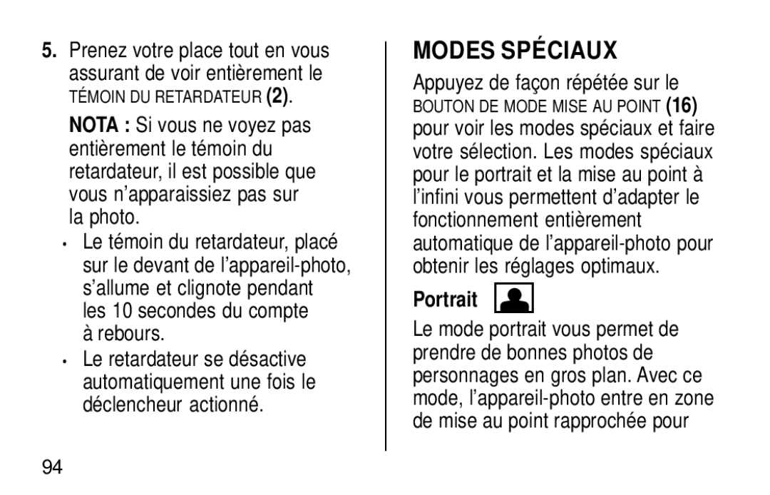 Kodak KE60 manual Modes Spéciaux, Rebours, Portrait 