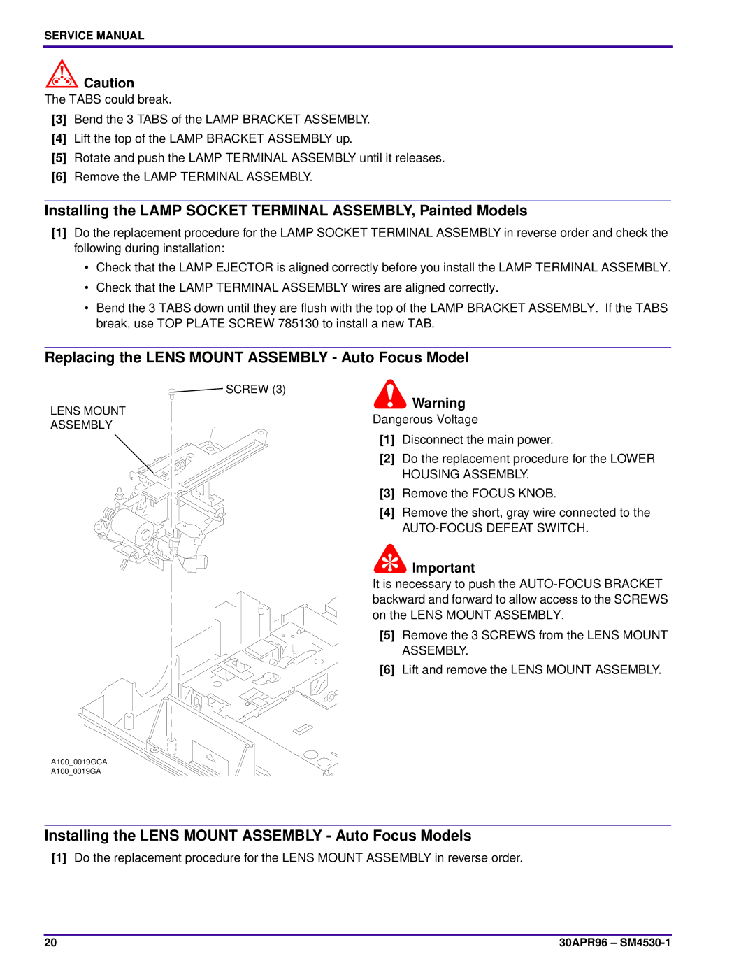 Kodak E-PLUS SLIDE, KKE PLUS, J-E PLUS Replacing the Lens Mount Assembly Auto Focus Model, AUTO-FOCUS Defeat Switch 