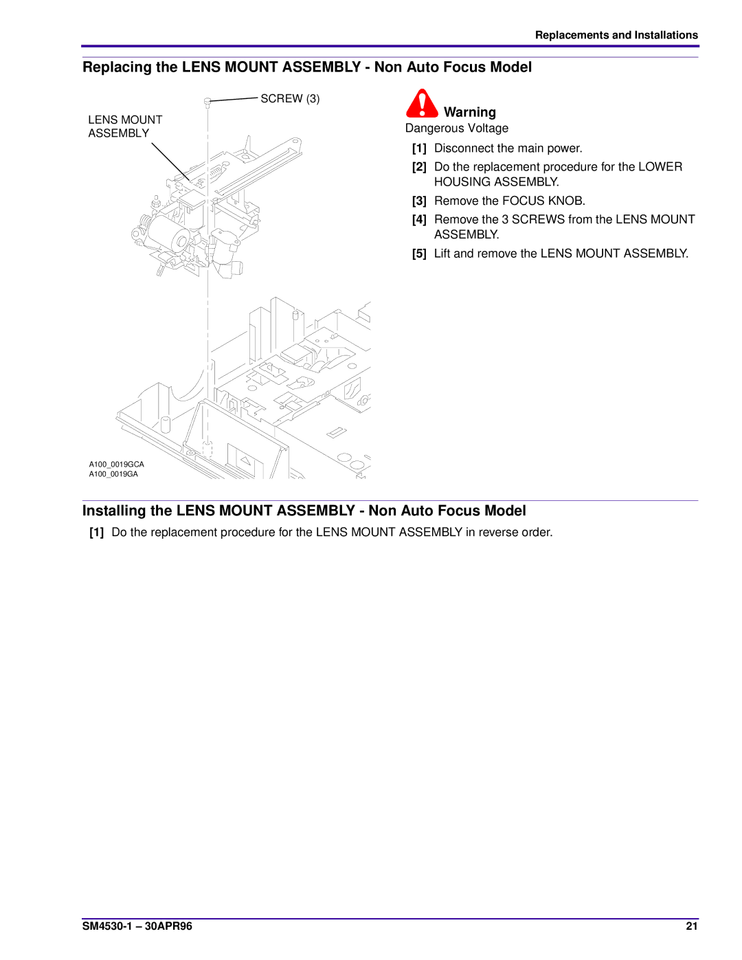 Kodak KKE PLUS, J-E PLUS, E-PLUS SLIDE service manual Replacing the Lens Mount Assembly Non Auto Focus Model 