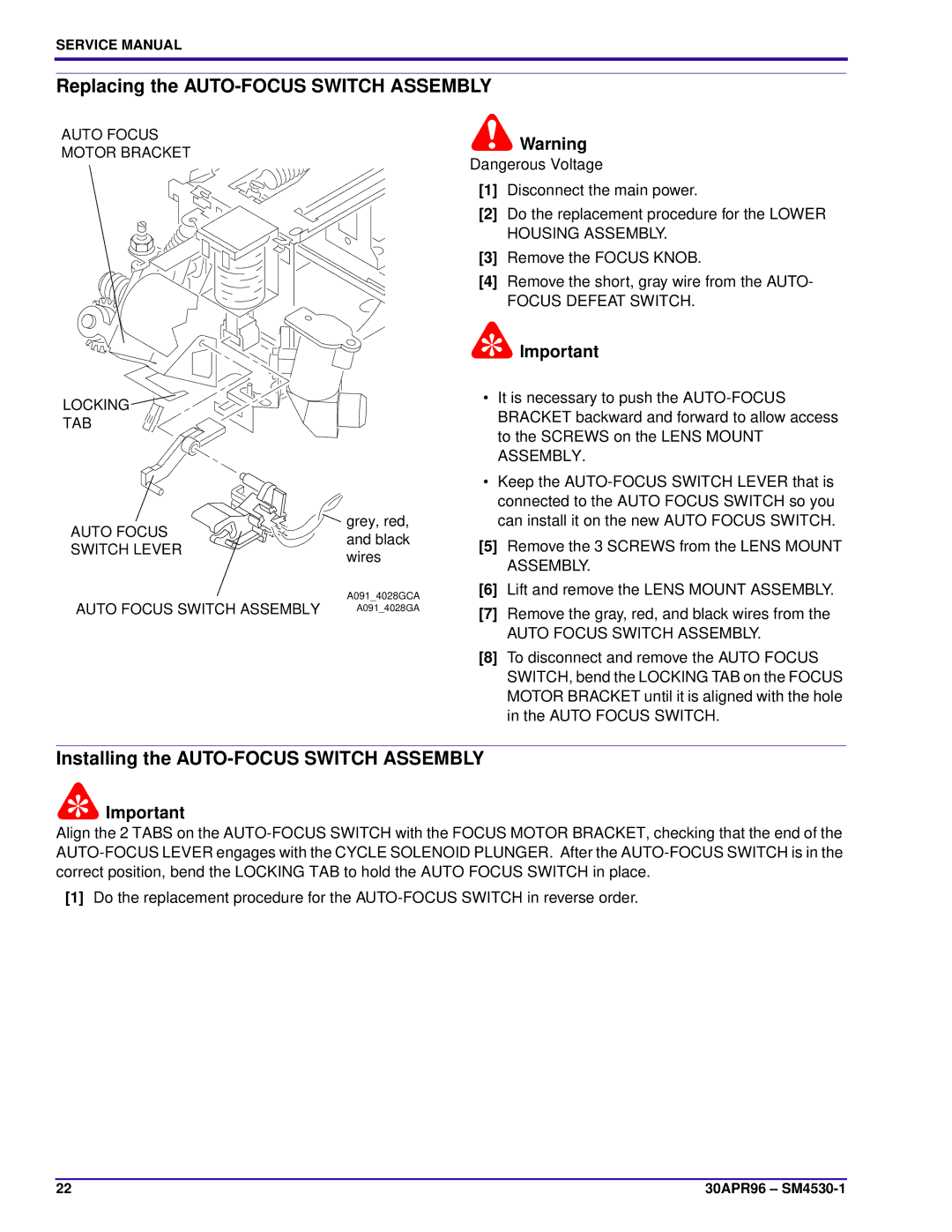 Kodak J-E PLUS, KKE PLUS, E-PLUS SLIDE Replacing the AUTO-FOCUS Switch Assembly, Installing the AUTO-FOCUS Switch Assembly 