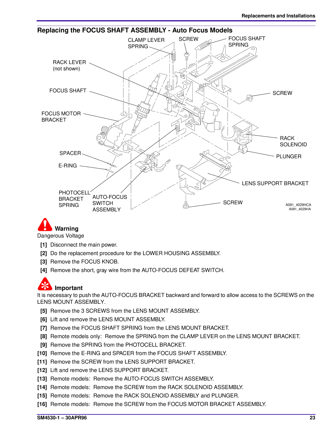 Kodak E-PLUS SLIDE Replacing the Focus Shaft Assembly Auto Focus Models, Clamp Lever Screw, Spring, Lens Mount Assembly 