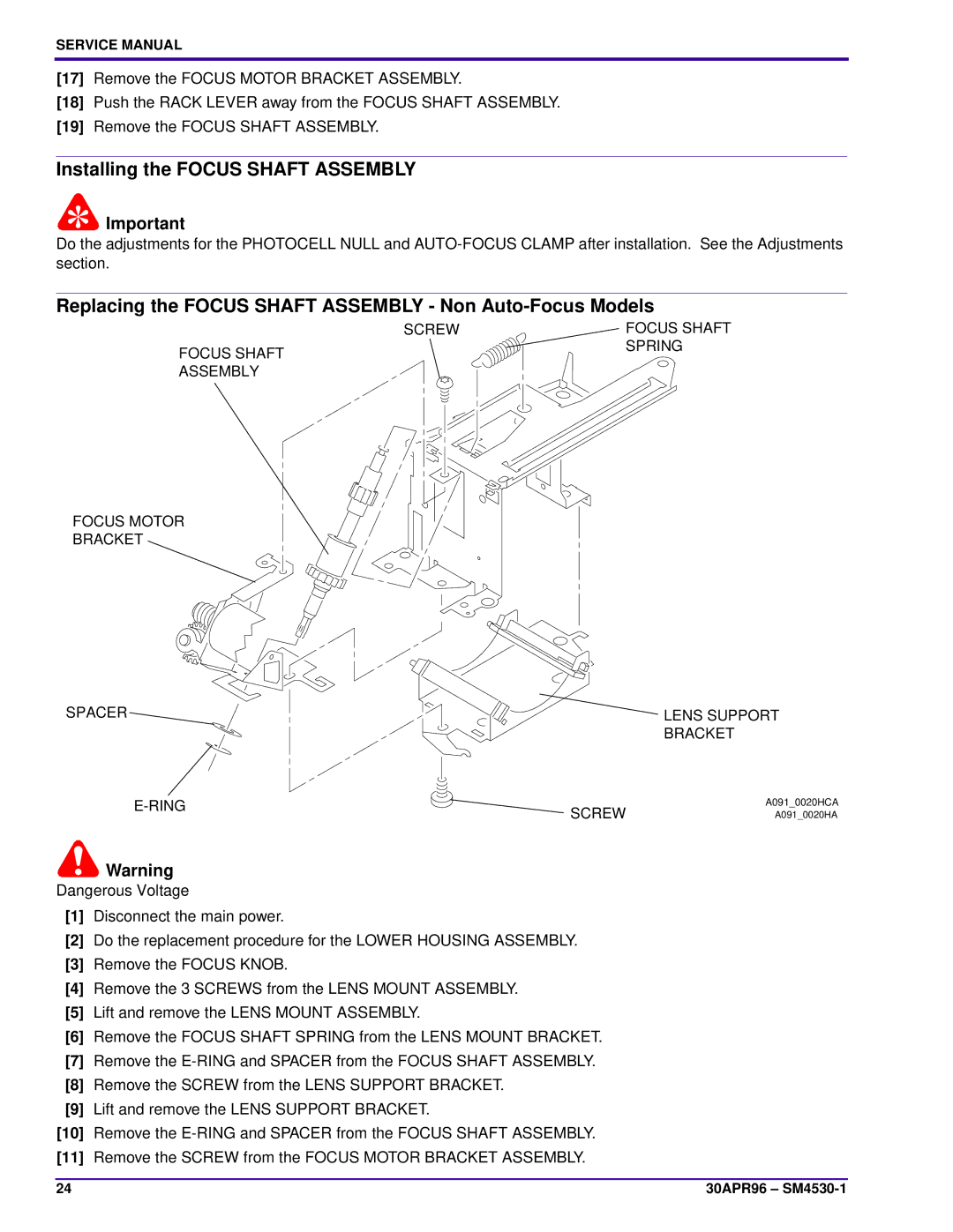 Kodak KKE PLUS, J-E PLUS Installing the Focus Shaft Assembly, Replacing the Focus Shaft Assembly Non Auto-Focus Models 