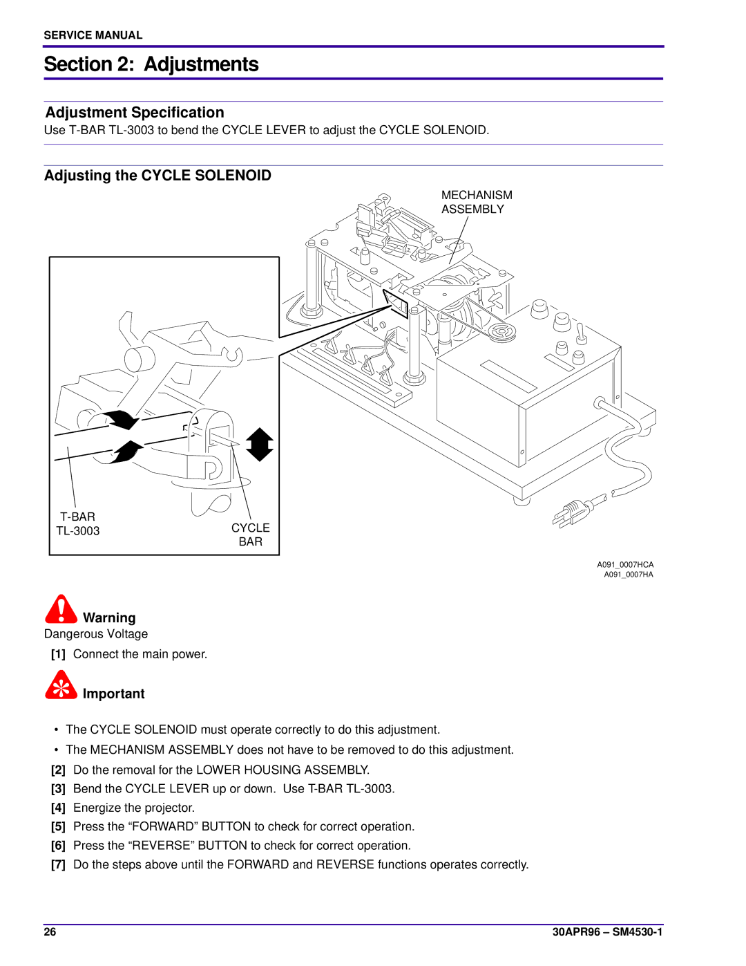 Kodak E-PLUS SLIDE, KKE PLUS, J-E PLUS Adjustment Speciﬁcation, Adjusting the Cycle Solenoid, Mechanism Assembly BAR Cycle 