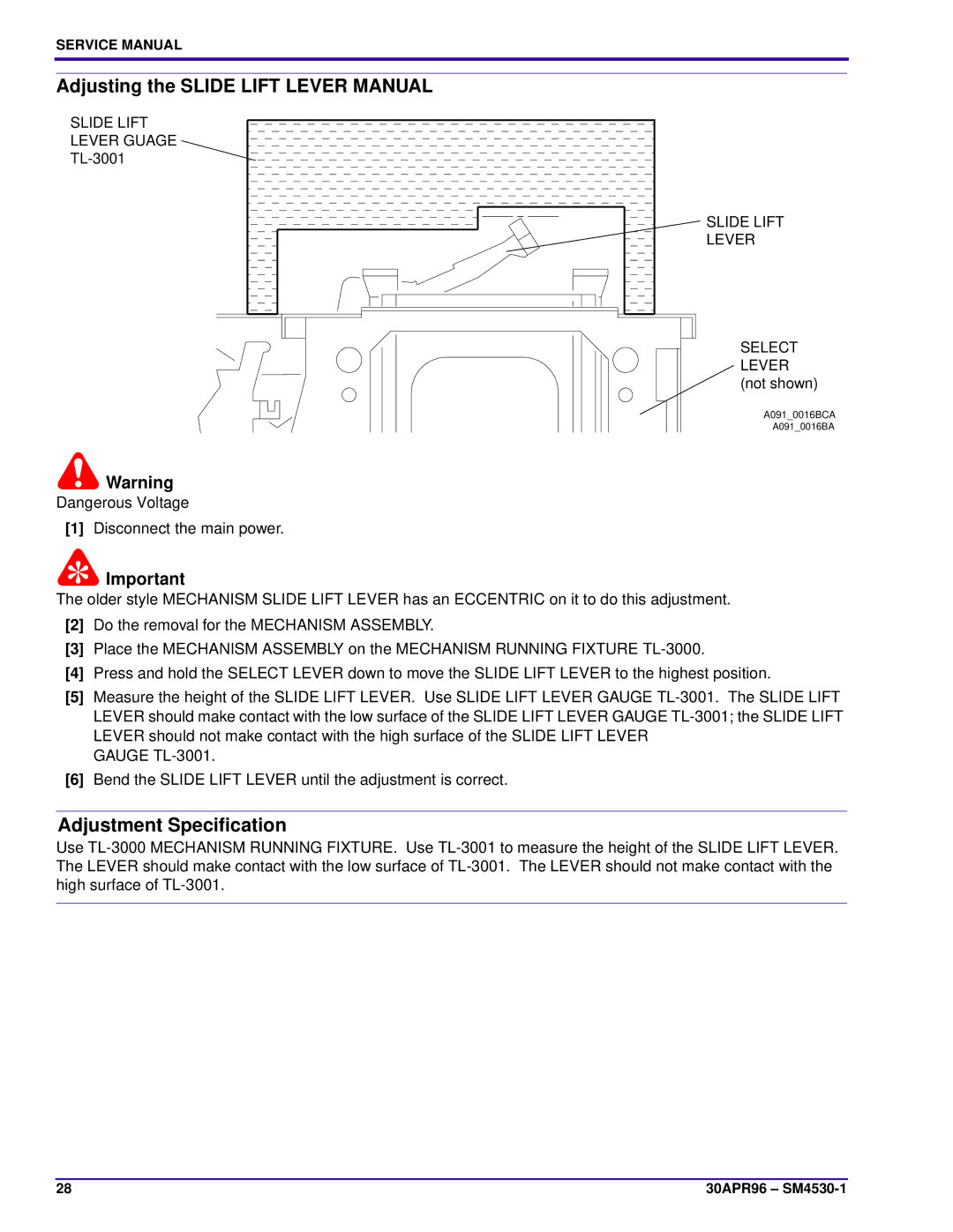 Kodak J-E PLUS, KKE PLUS, E-PLUS SLIDE Adjusting the Slide Lift Lever Manual, Slide Lift Lever Guage TL-3001 Select 