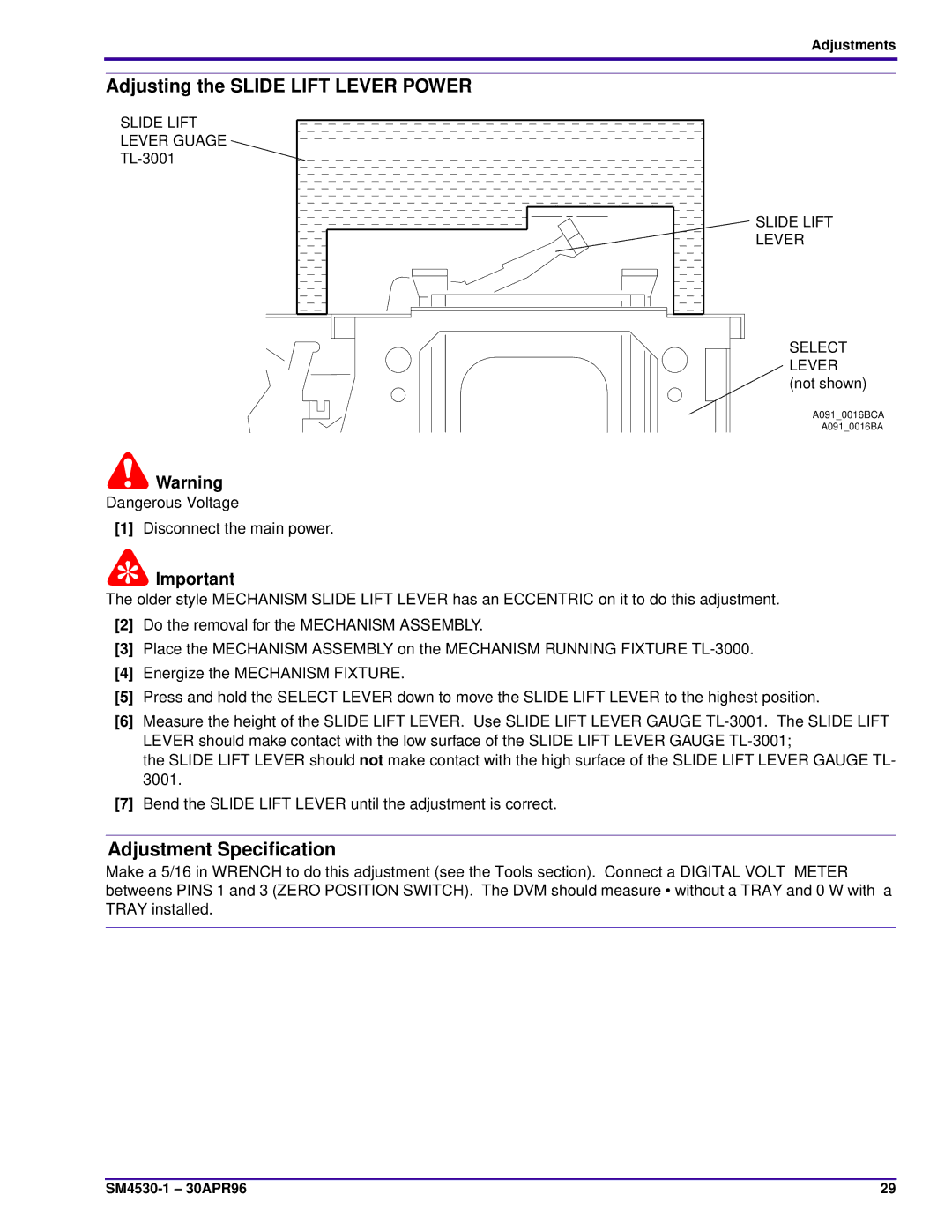 Kodak E-PLUS SLIDE, KKE PLUS, J-E PLUS service manual Adjusting the Slide Lift Lever Power 