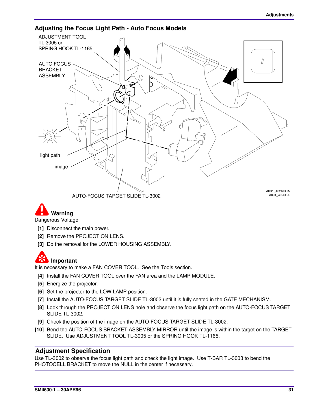 Kodak J-E PLUS Adjusting the Focus Light Path Auto Focus Models, Adjustment Tool, AUTO-FOCUS Target Slide TL-3002 