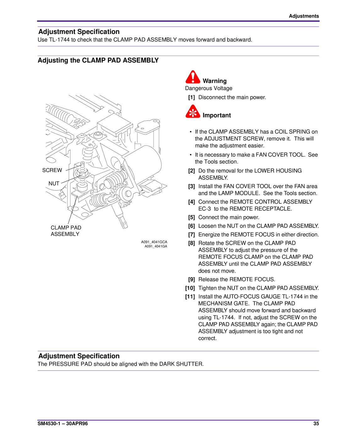 Kodak E-PLUS SLIDE, KKE PLUS, J-E PLUS service manual Adjusting the Clamp PAD Assembly, Screw NUT Clamp PAD Assembly 