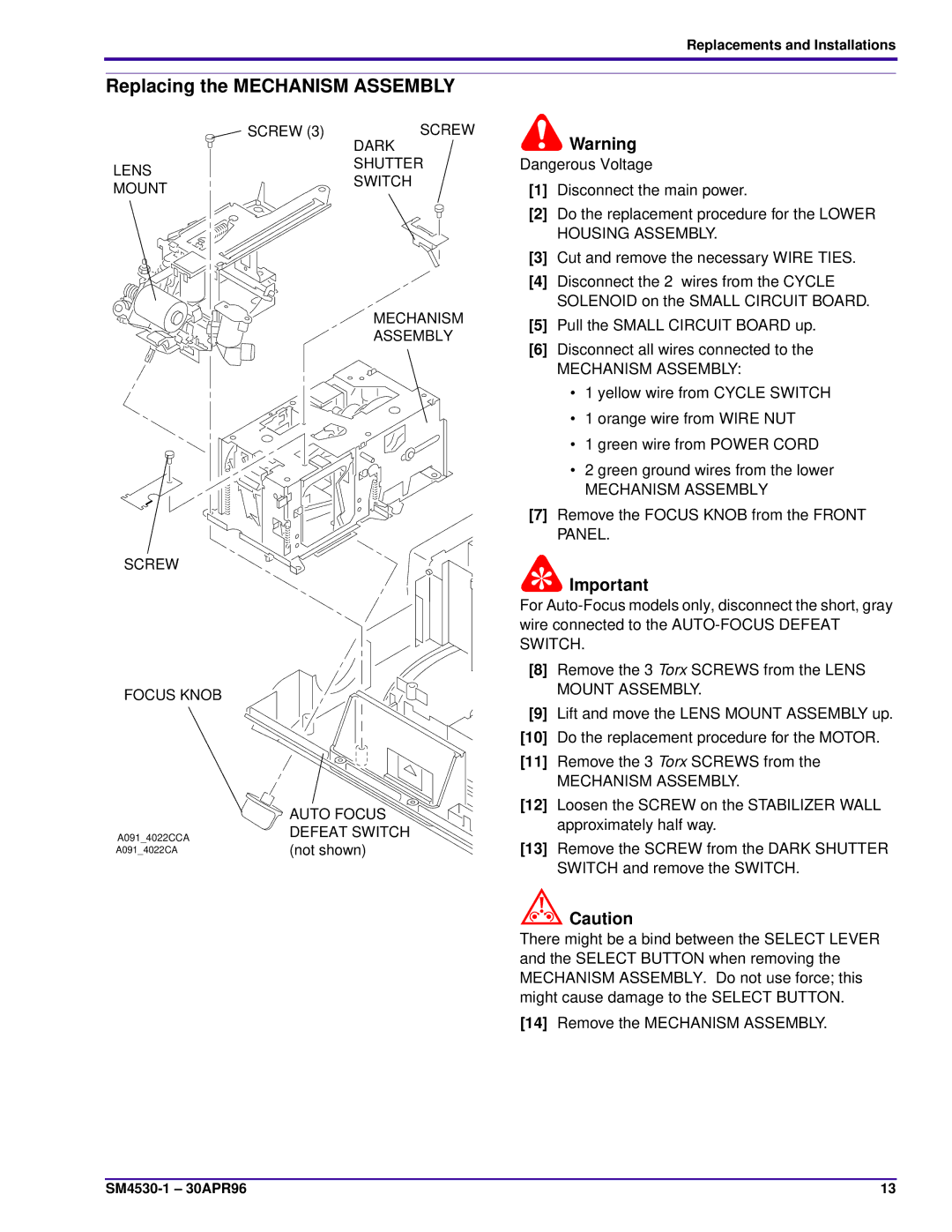 Kodak KKE PLUS, KKA, JAMT, J-E PLUS, E-PLUS SLIDE, ATS, BR service manual Replacing the Mechanism Assembly, Dark 