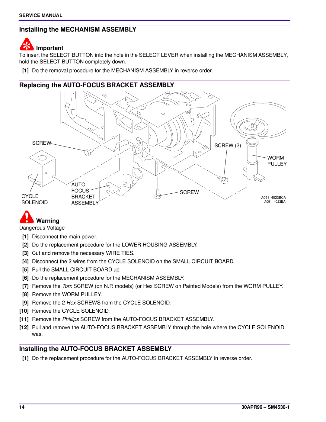 Kodak KKA, KKE PLUS, JAMT, J-E PLUS, ATS, BR Installing the Mechanism Assembly, Replacing the AUTO-FOCUS Bracket Assembly 