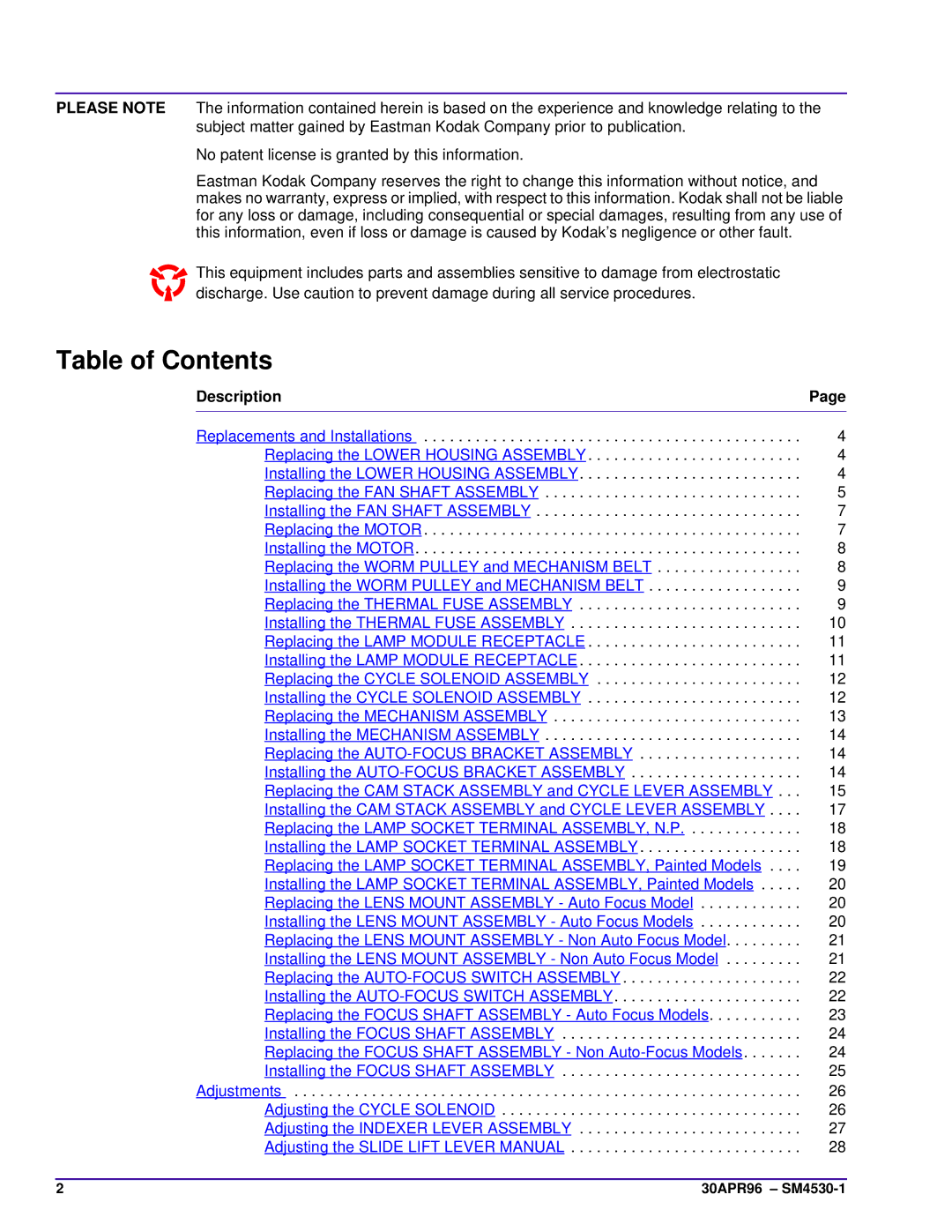 Kodak JAMT, KKE PLUS, KKA, J-E PLUS, E-PLUS SLIDE, ATS, BR service manual Table of Contents 