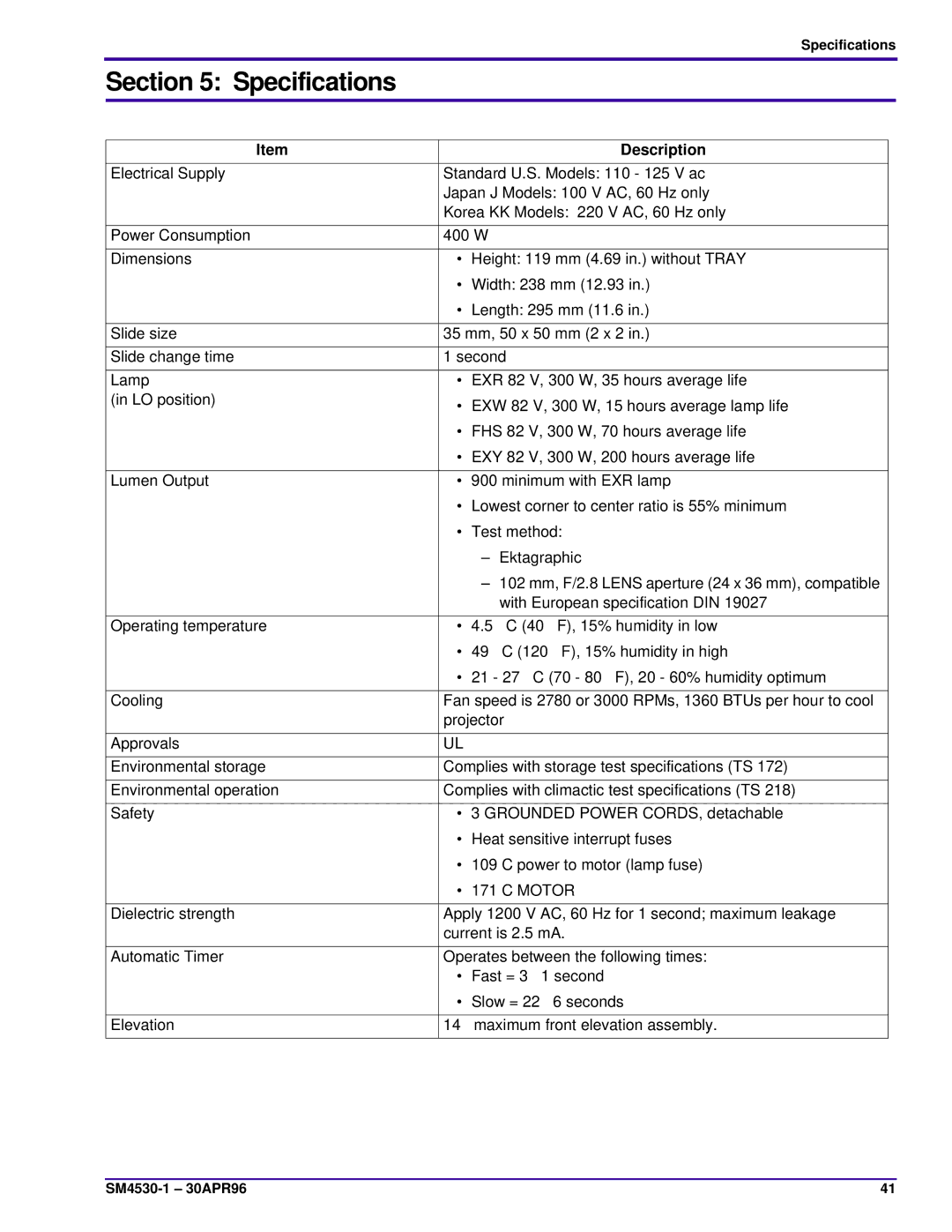 Kodak JAMT, KKE PLUS, KKA, J-E PLUS, E-PLUS SLIDE, ATS, BR service manual Specifications 