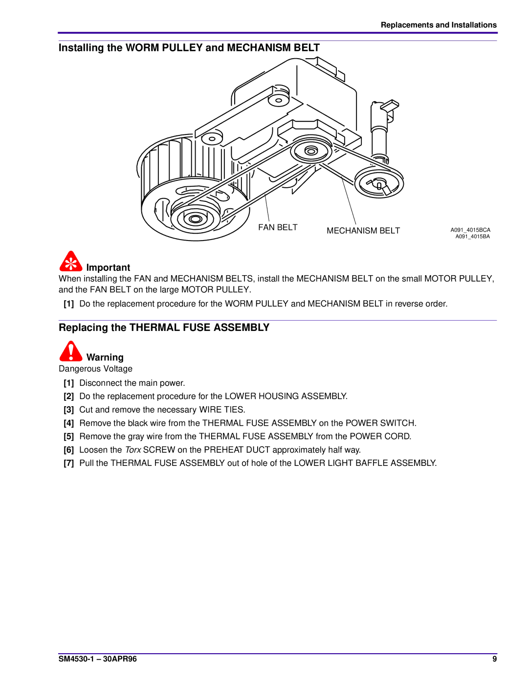 Kodak KKE PLUS, KKA, JAMT, J-E PLUS, BR Installing the Worm Pulley and Mechanism Belt, Replacing the Thermal Fuse Assembly 