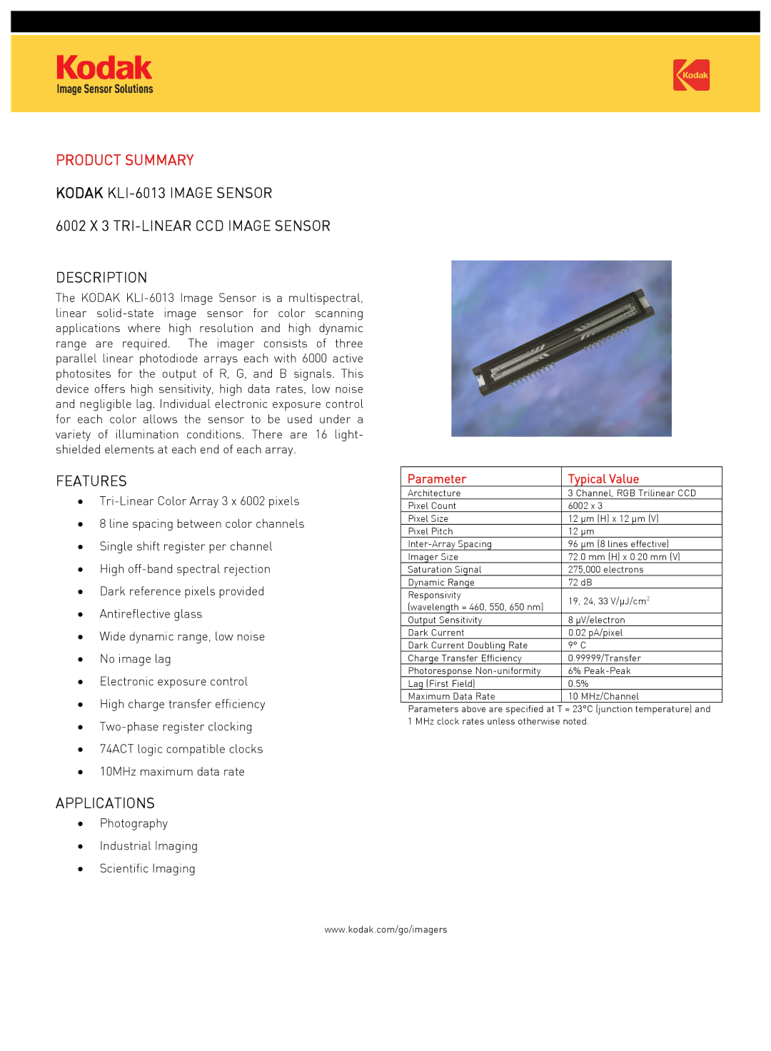 Kodak KLI-6013 manual Product Summary, Features, Applications, Parameter Typical Value 