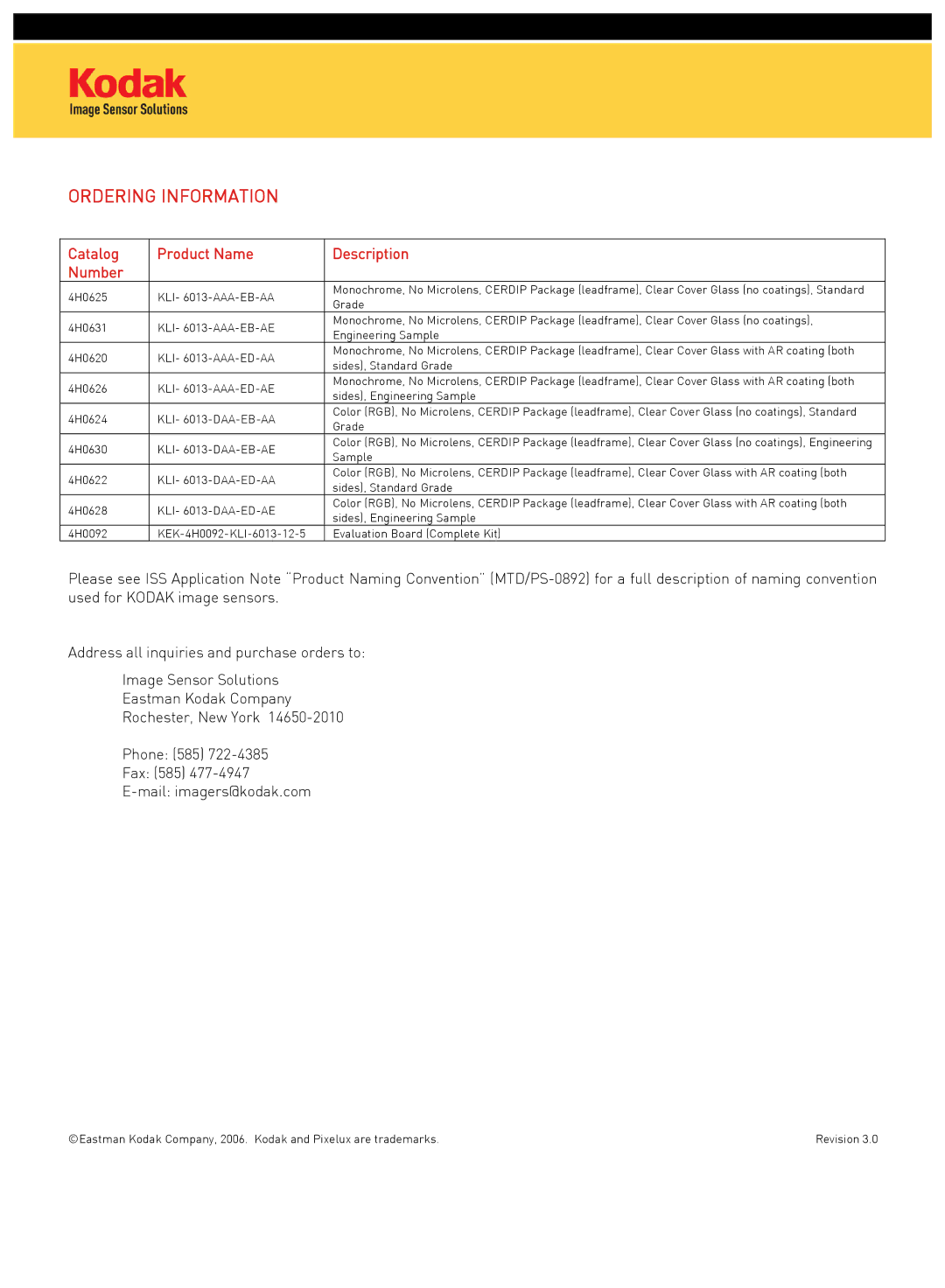 Kodak KLI-6013 manual Ordering Information, Catalog Product Name Description Number 