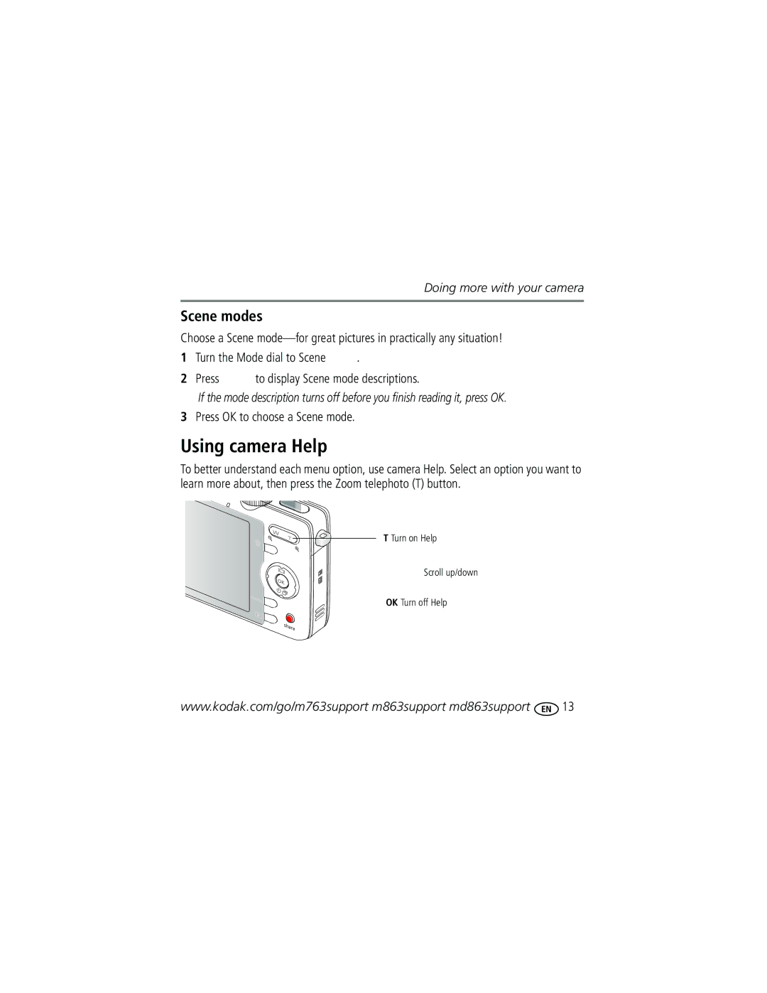 Kodak KLIC-7001 manual Using camera Help, Scene modes 