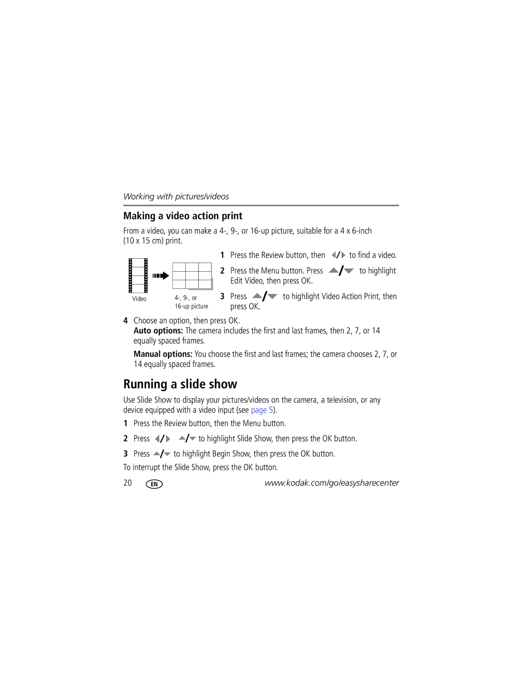 Kodak KLIC-7001 manual Running a slide show, Making a video action print 
