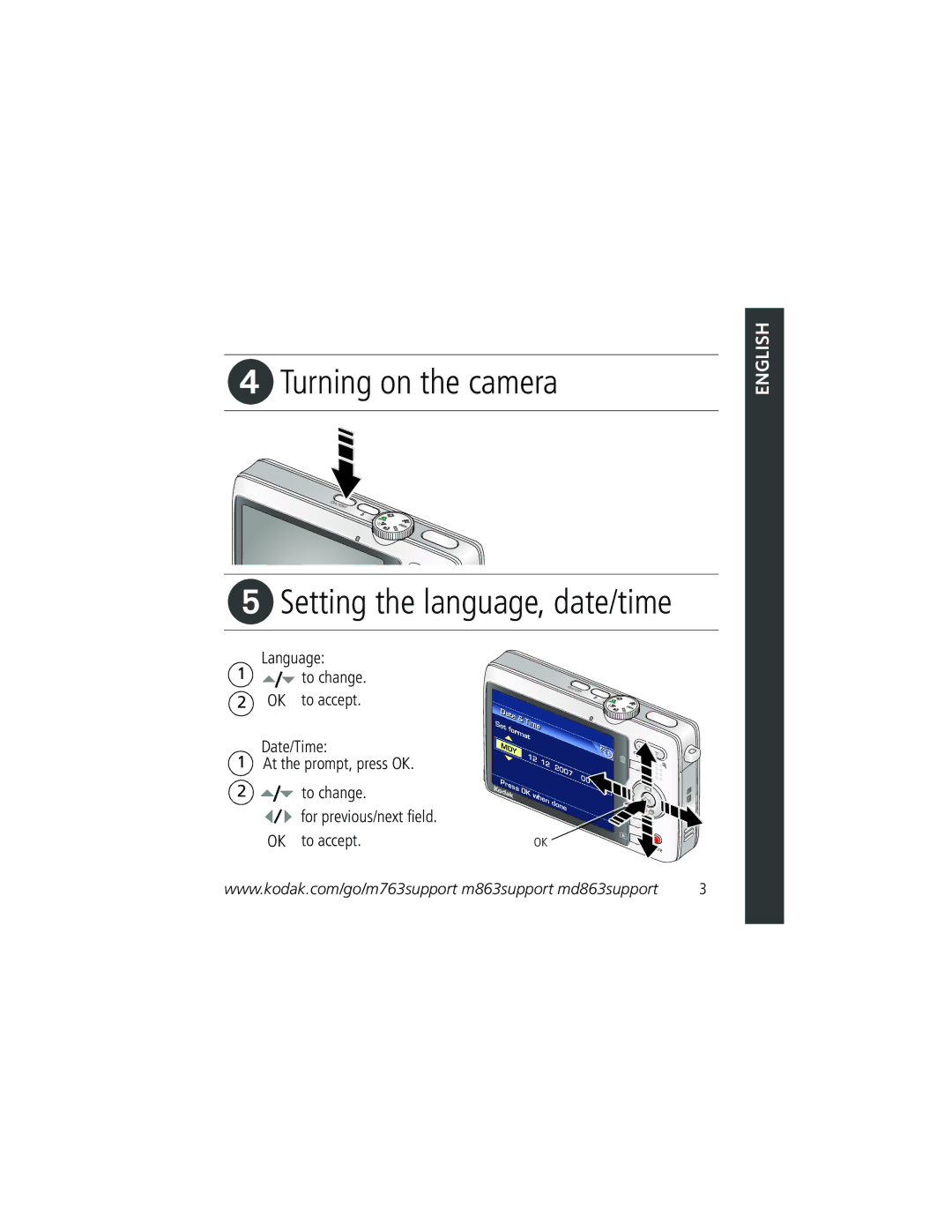 Kodak KLIC-7001 manual Turning on the camera Setting the language, date/time 