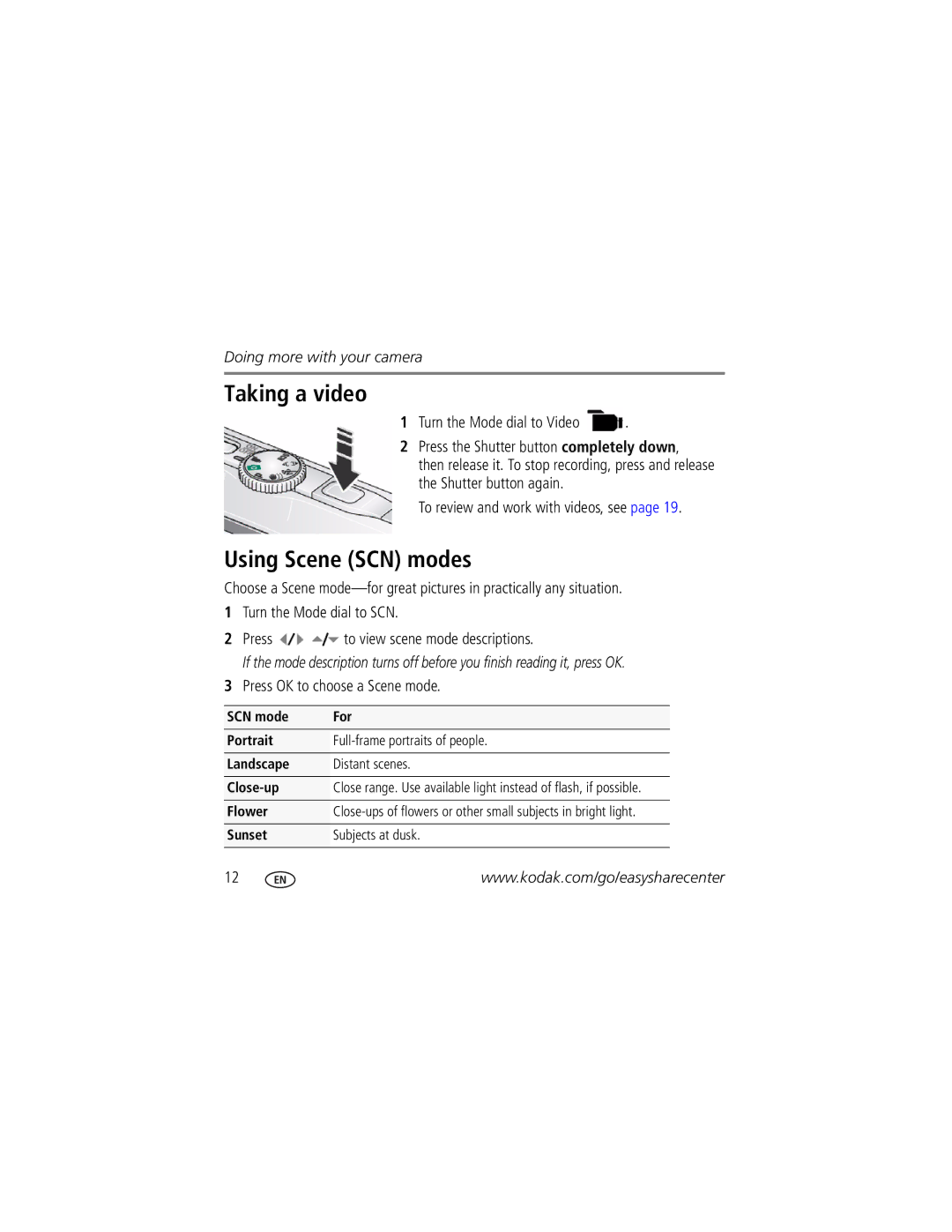 Kodak KLIC-7001 manual Taking a video, Using Scene SCN modes 