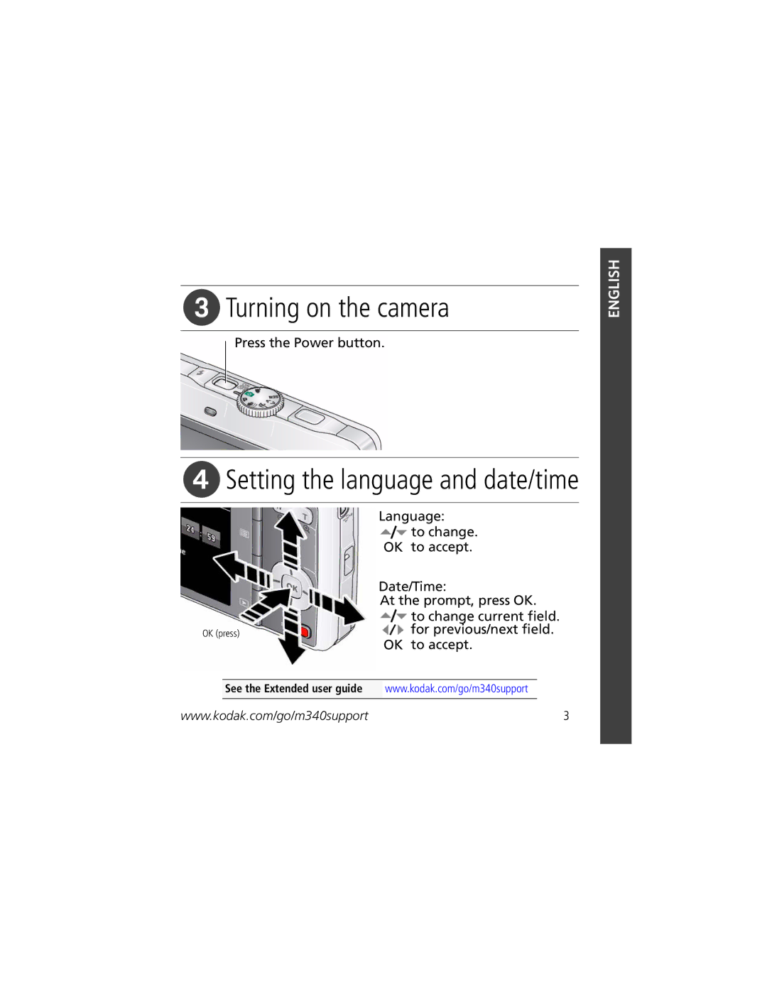 Kodak KLIC-7001 manual Turning on the camera, Setting the language and date/time 