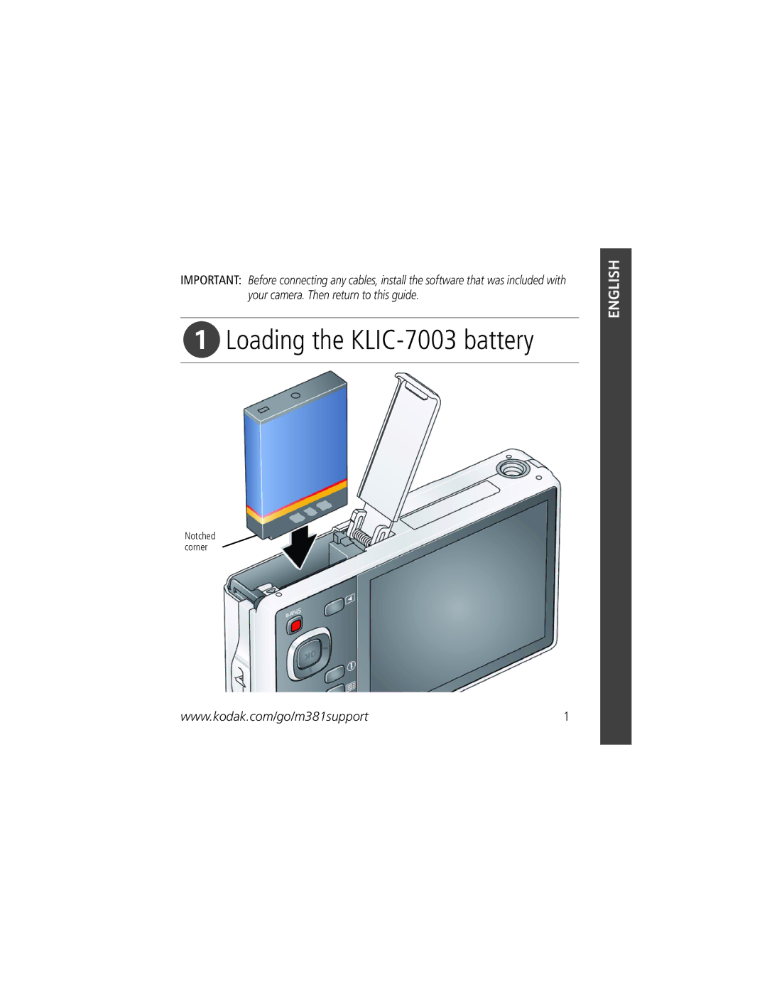 Kodak manual Loading the KLIC-7003 battery 