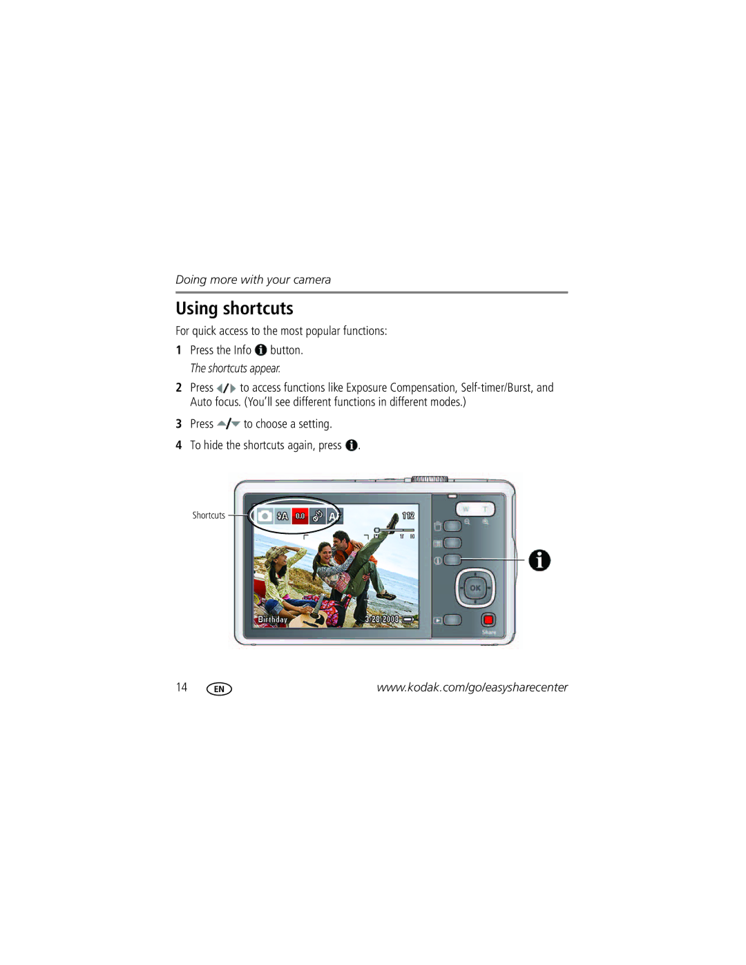 Kodak KLIC-7003 manual Using shortcuts, For quick access to the most popular functions 