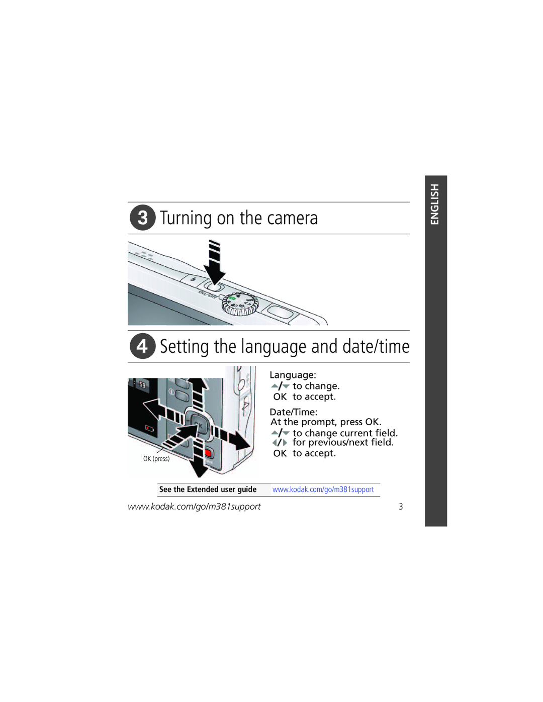 Kodak KLIC-7003 manual Turning on the camera, Setting the language and date/time 