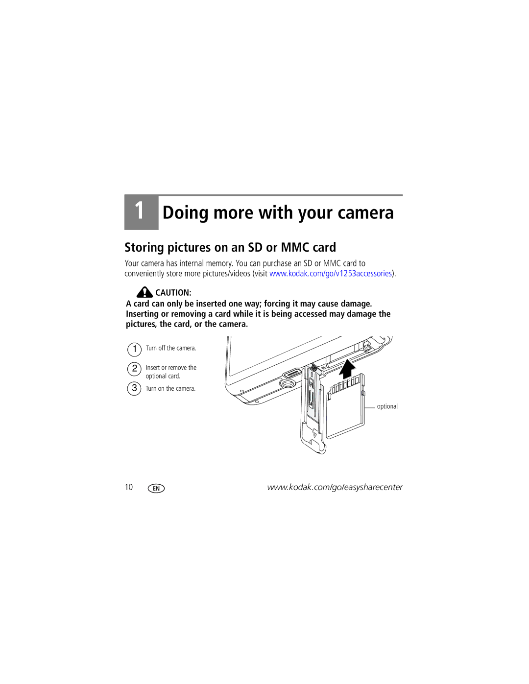 Kodak KLIC-7004 manual Doing more with your camera, Storing pictures on an SD or MMC card 