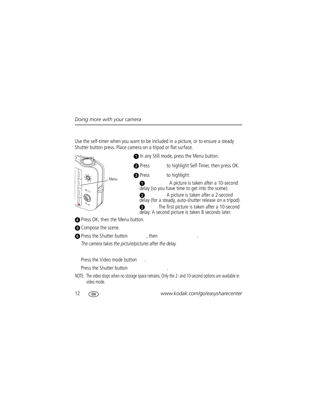 Kodak KLIC-7004 manual Using the self-timer, Use the same procedure to take a video, but 