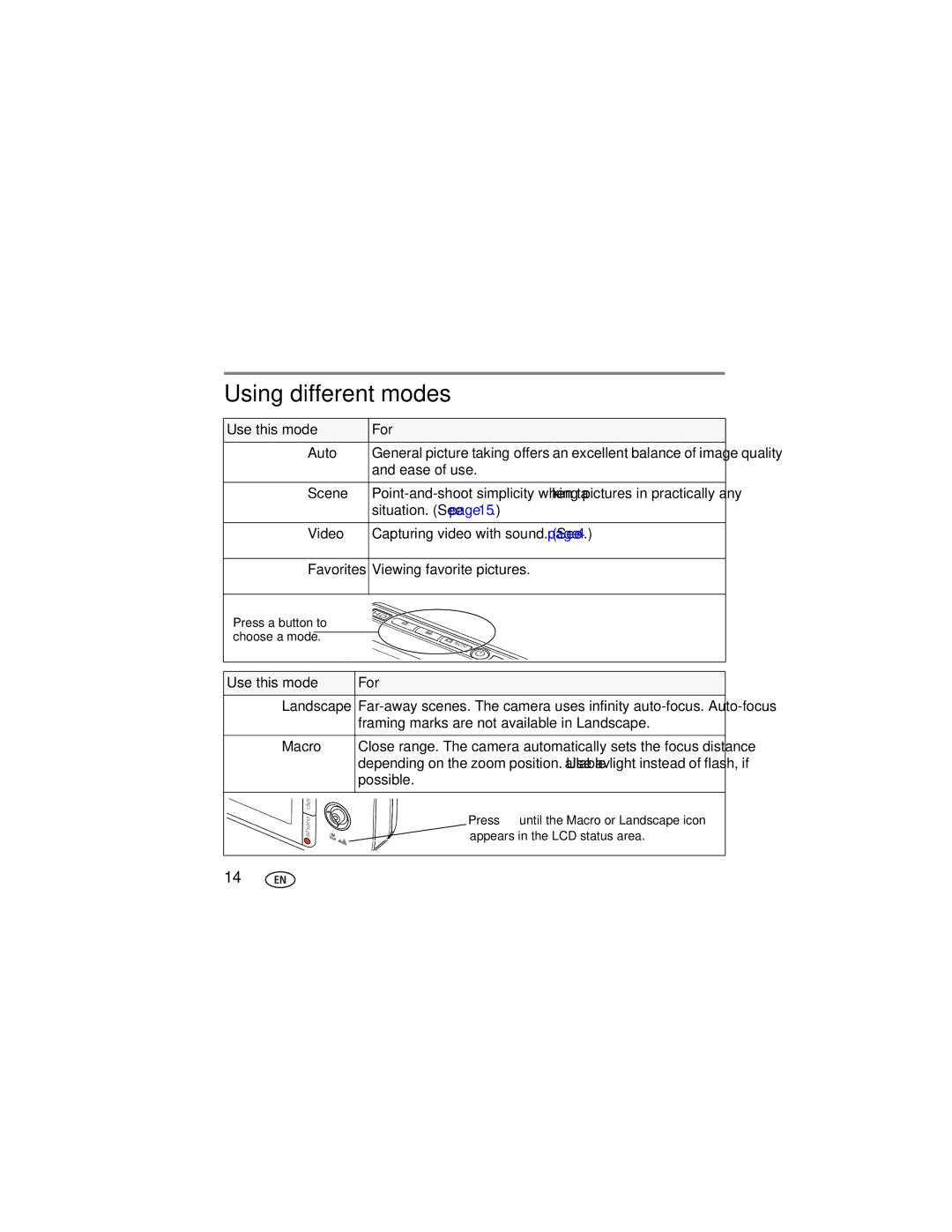 Kodak KLIC-7004 manual Using different modes, Use this mode For Landscape 