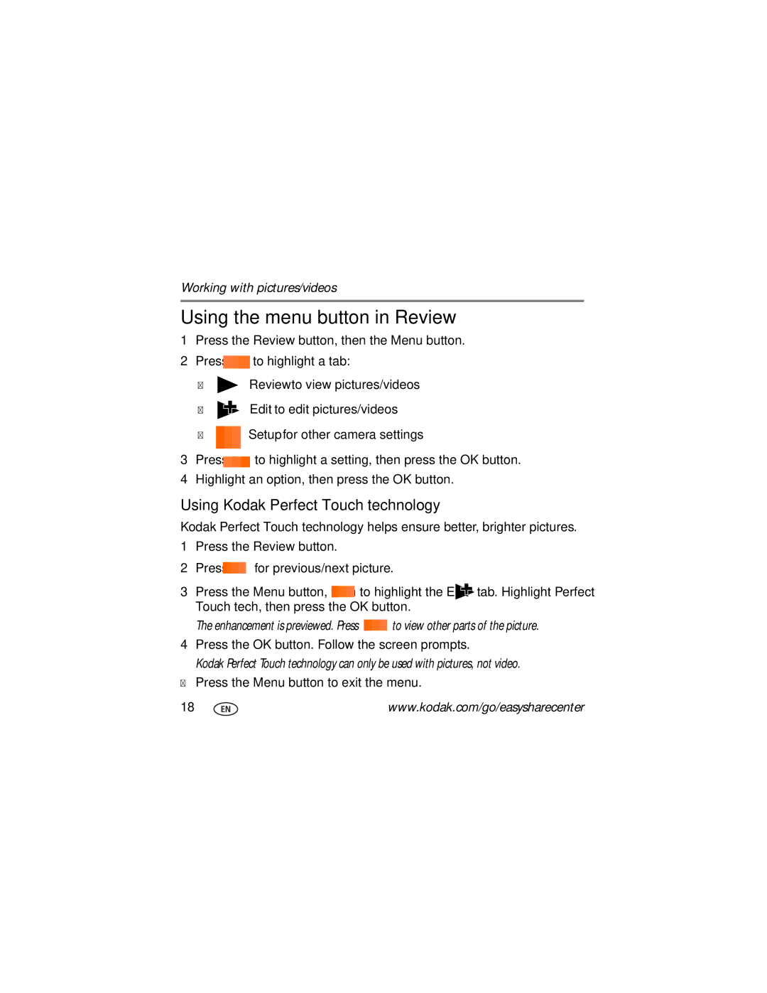 Kodak KLIC-7004 manual Using the menu button in Review, Using Kodak Perfect Touch technology 