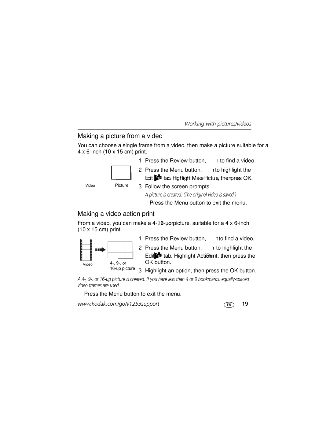 Kodak KLIC-7004 manual Making a picture from a video, Making a video action print 