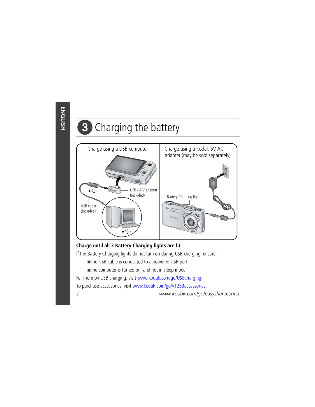 Kodak KLIC-7004 manual Charging the battery, Charge until all 3 Battery Charging lights are lit 