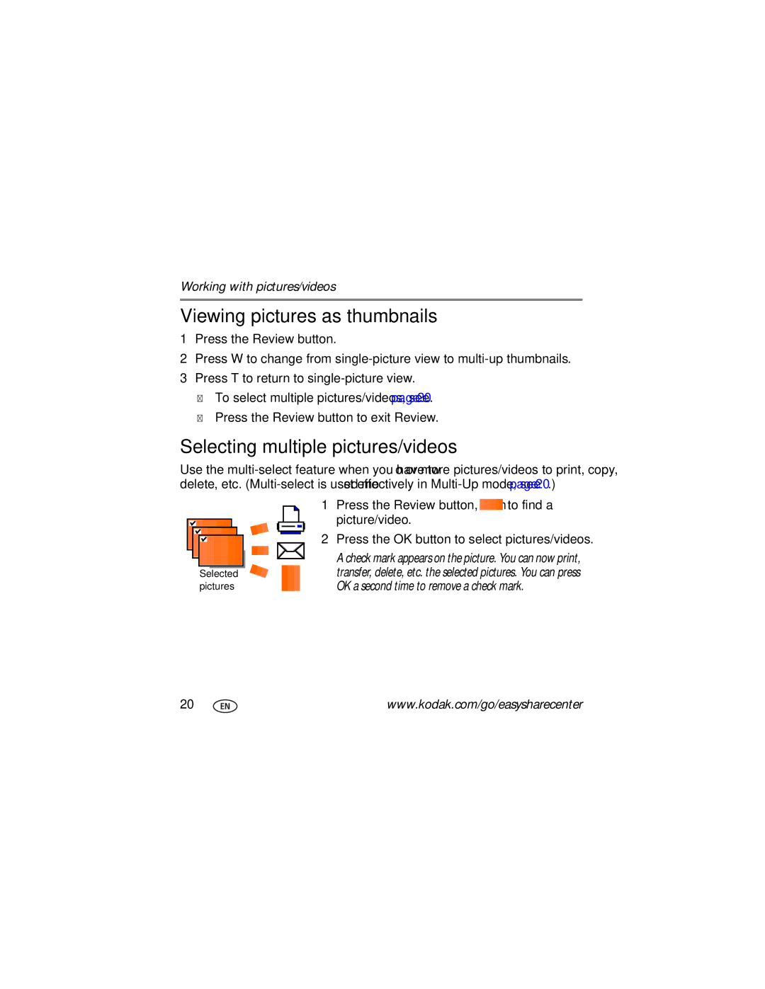 Kodak KLIC-7004 manual Viewing pictures as thumbnails, Selecting multiple pictures/videos 