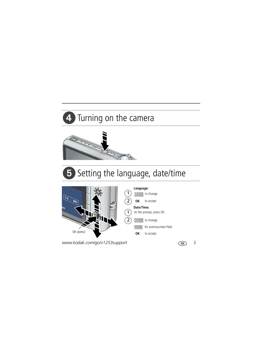 Kodak KLIC-7004 manual Turning on the camera Setting the language, date/time 